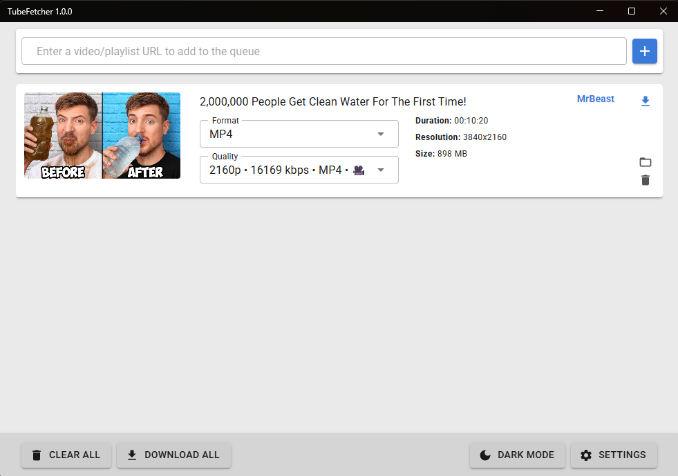 TubeFetcher app window showing URL field and download button